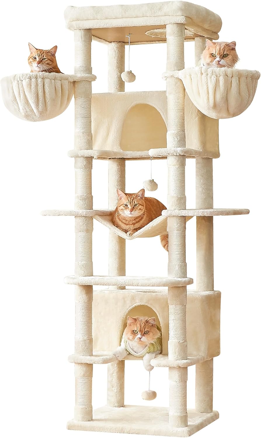 MWPO Large Cat Tree, 67.7-Inch Tall Tower for Indoor Cats With 2 Condos, Multi-Level Stand With 3 Hammocks, Wide Perch, Scratching Posts, Dangling Toys, Beige