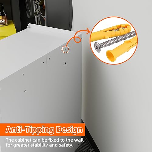 Miniatura 5 de GangMei Armario de almacenamiento de garaje con ruedas y tablero de clavijas, gabinete de almacenamiento de metal con bloqueo de 72 pulgadas de alto