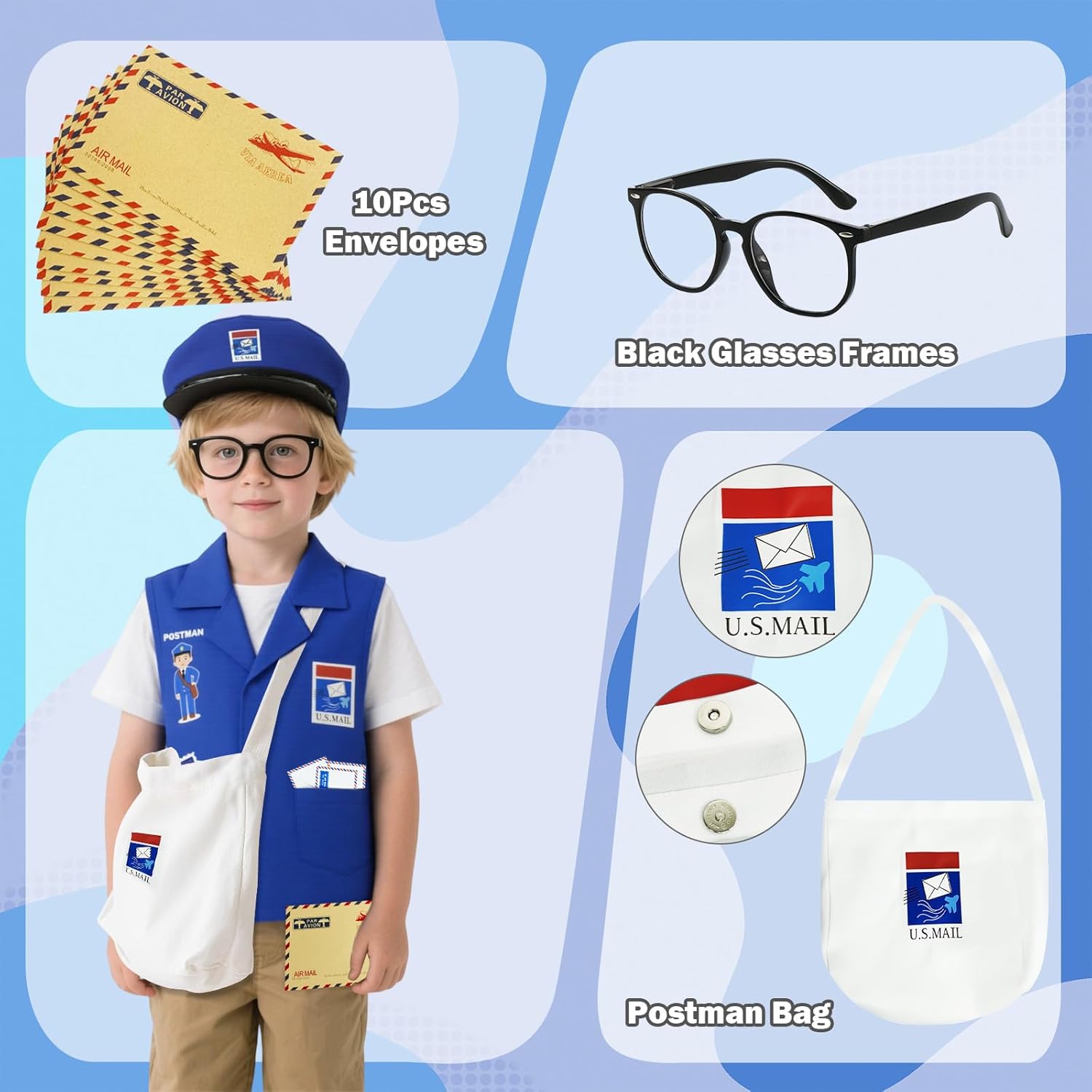 Kids Mailman Costume Set, Community Helper Postal Uniform with Mail Bag, Boy Dress Up for Role Play Career Day