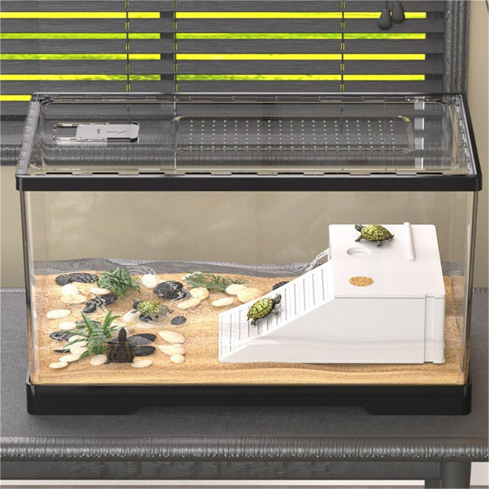 Siedlisko terrarium Pudełko do karmienia zwierząt w kształcie zbiornika dla żółwi, pokój dzienny domowych z pokrywką Terrarium akwariowe(Średni)