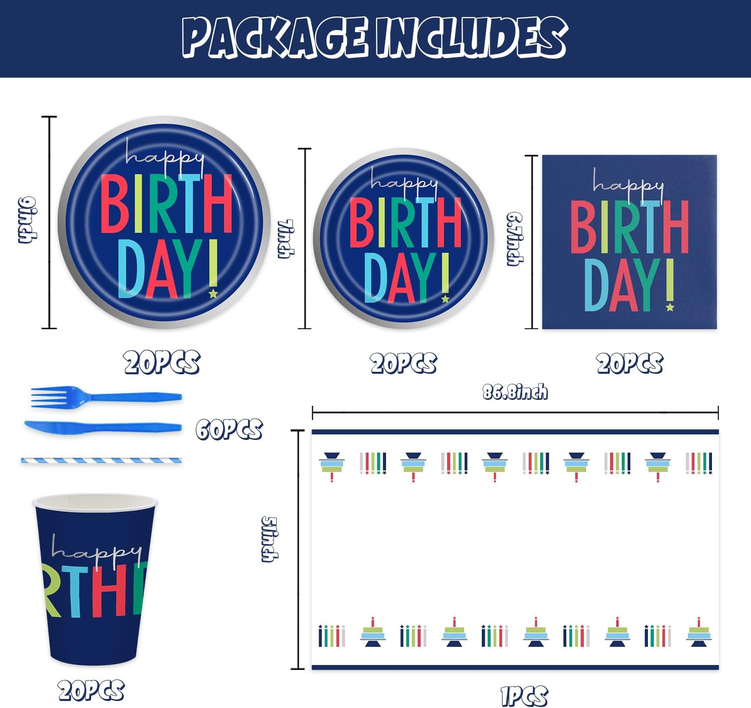 141Pcs Dark Blue Party Supplies for Baby Shower - Dark Blue Birthday Decorations Plates and Napkins Forks Cups Straws Cutlery for 20 Guests Happy Birthday Party Decorations
