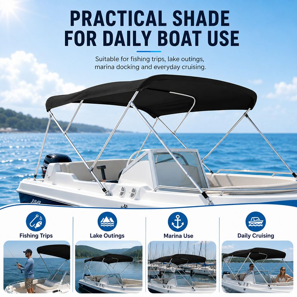 Lona Bimini para Barco, Techo de Sombra Marina para Nautique Ski Nautique 196 | Tela Oxford 600D, lona de repuesto para bimini abierto, ayuda a bloquear el sol y resistir la lluvia
