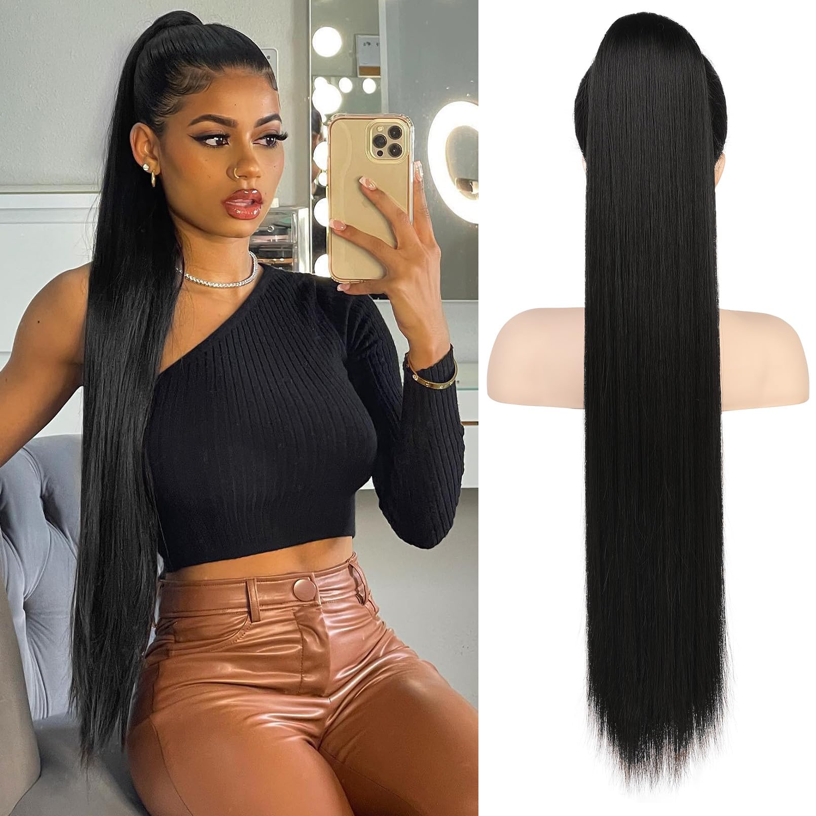 Flufymooz ponytail extension, 30 Inch Long Straight Drawstring Ponytail Hairpieces Fake Pony Tails Natural Soft Clip in Hair Extension ponytail for