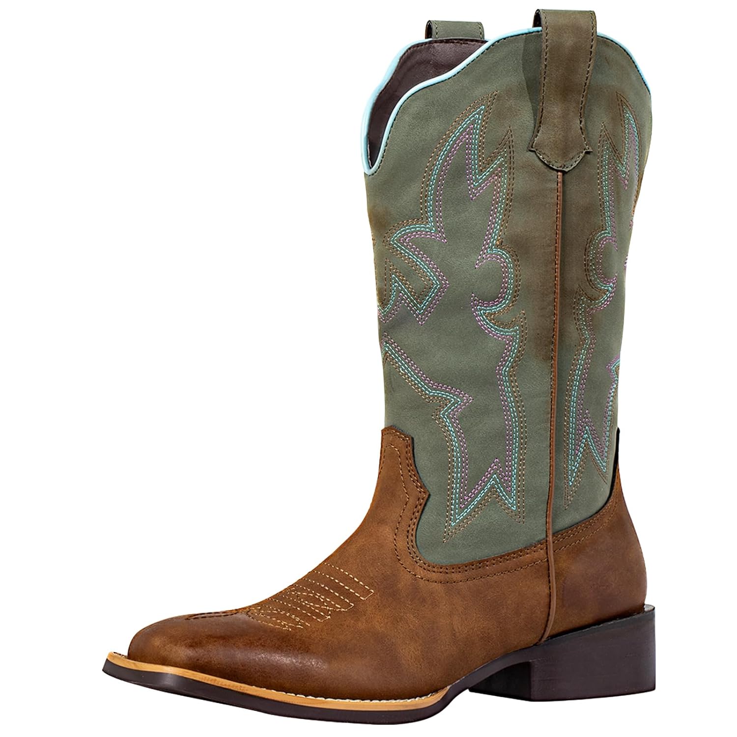 Womens Two-Tone Cowboy Cowgirl Boots - Square Toe Wide Mid-Calf Fashion Embroidery Western Ladies Boots for Concert Party