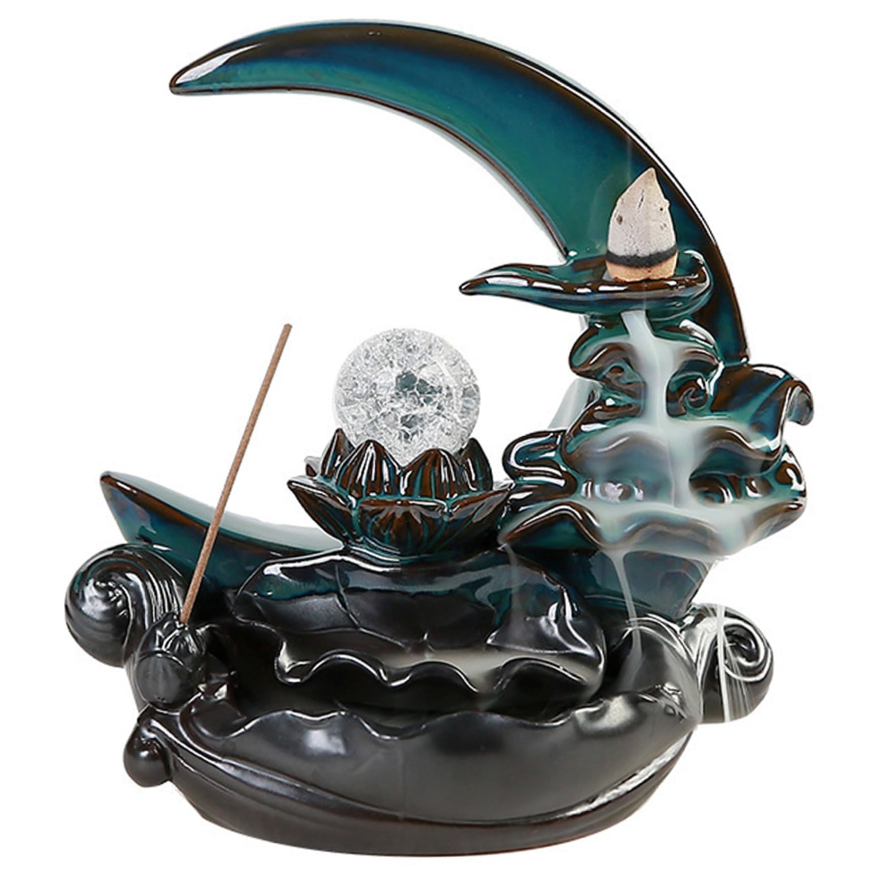 Hbbgdiy Cyan 6.30X5.91x3.74 Inch Ceramic Moon Backflow Incense Burner, Waterfall Incense Holder For Office, Home & Zen Meditation Décor