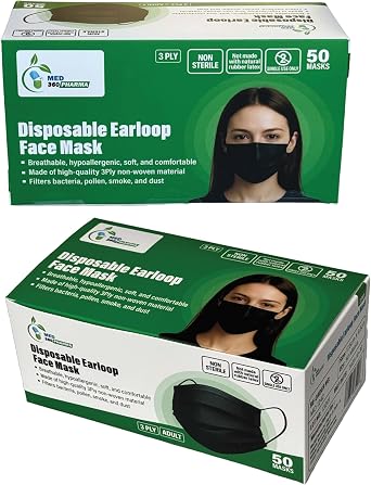 100 Pack Black 3 Ply Disposable Face Mask, Breathable Non Woven Layers Soft Earloop, Comfortable Fit for Adults Daily Use Face Cover