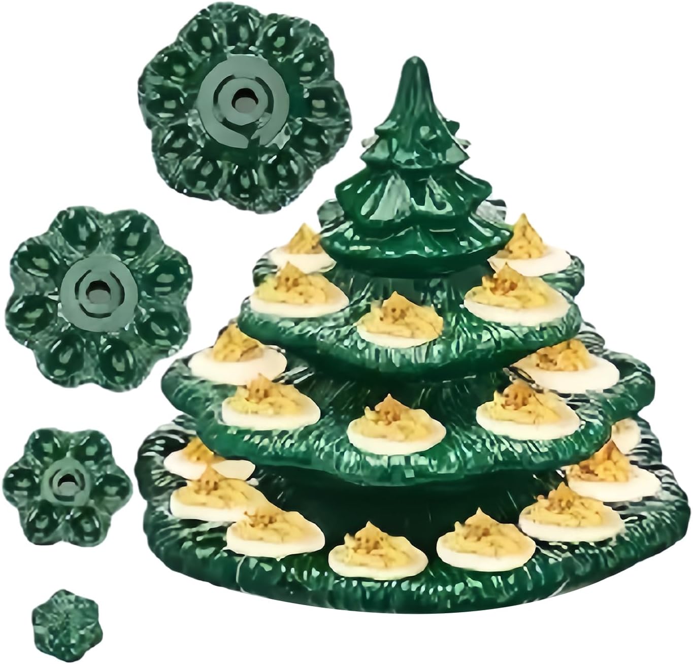 4Pcs Christmas Tree Shape Deviled Egg Trays Platters Holds, stackable Christmas tree-shaped devil egg tray with 26 holes, for Home Holiday Decorations