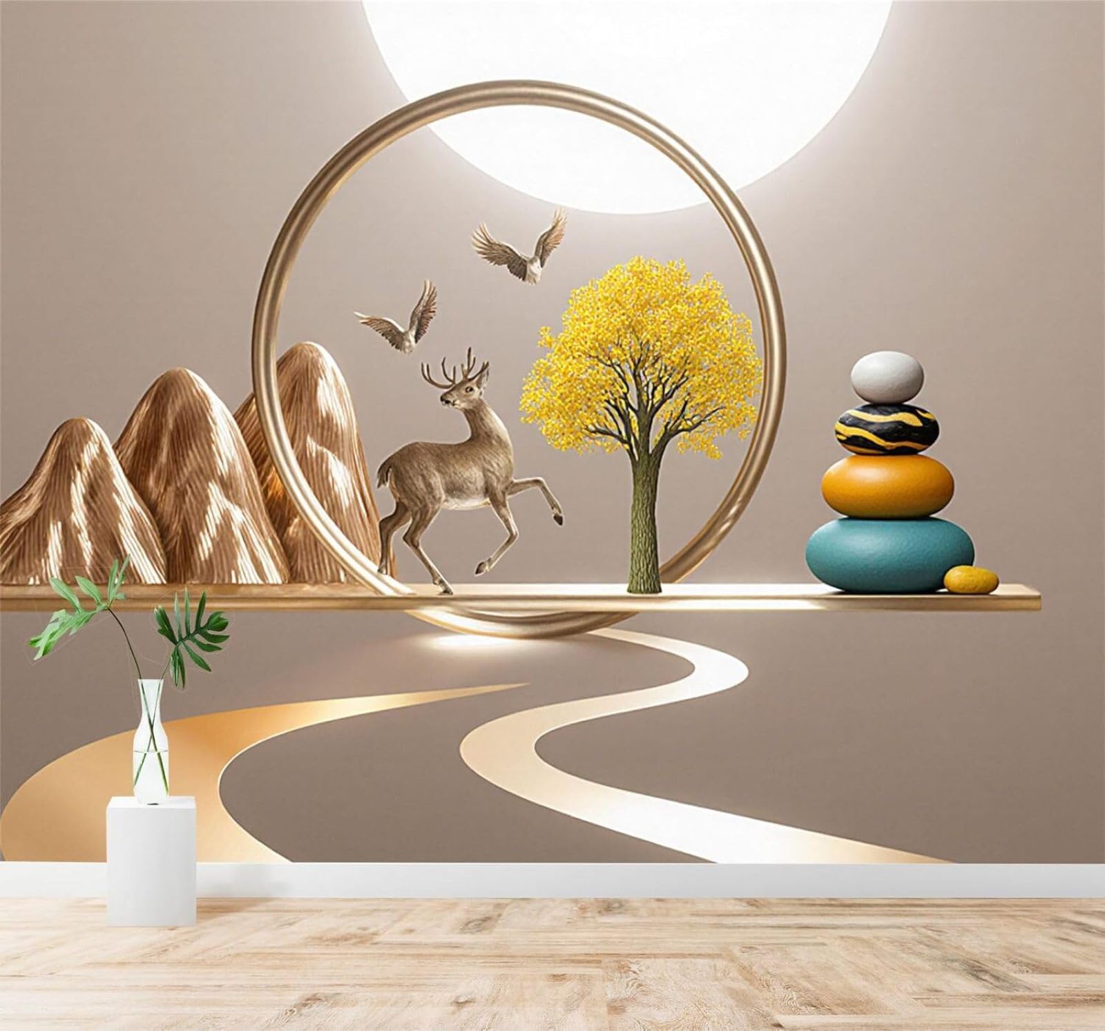 Xlming 200Cm×140Cm(B×H) Golden Mountains Deer Birds In Flight Yellow Trees Zen Stones Art 3D Wallpaper Silky Texture Home Study Office Grey Dining Room Sofa Bedroom Living Room Tv Backdrop-200Cm×140Cm