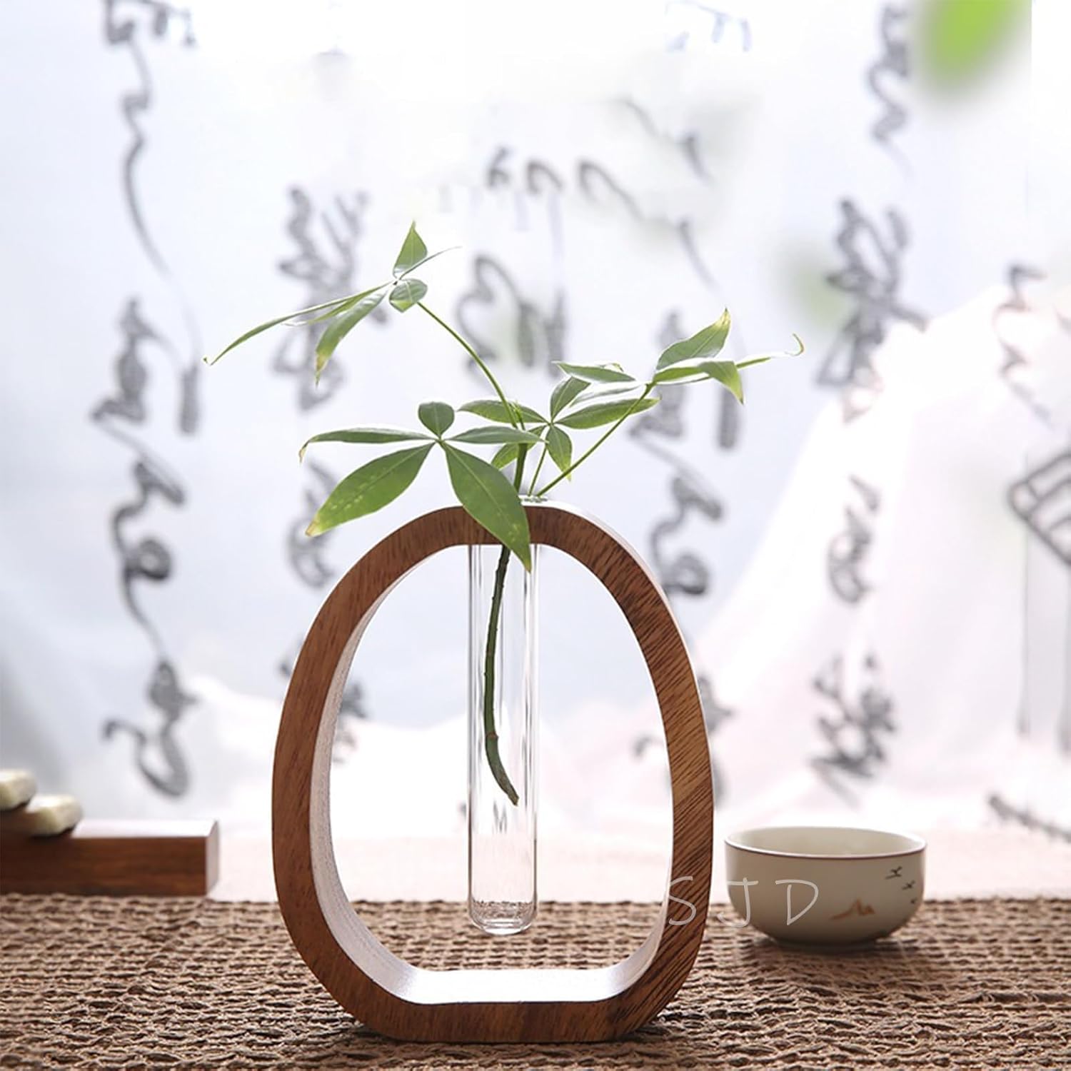 Walnut Wood Glass Flower Vase with Test Tubes | Modern Hydroponic Planter for Fresh Cut Flowers | Handcrafted Tabletop Decor for Home, Office, Farmhouse Style (Large+Small)