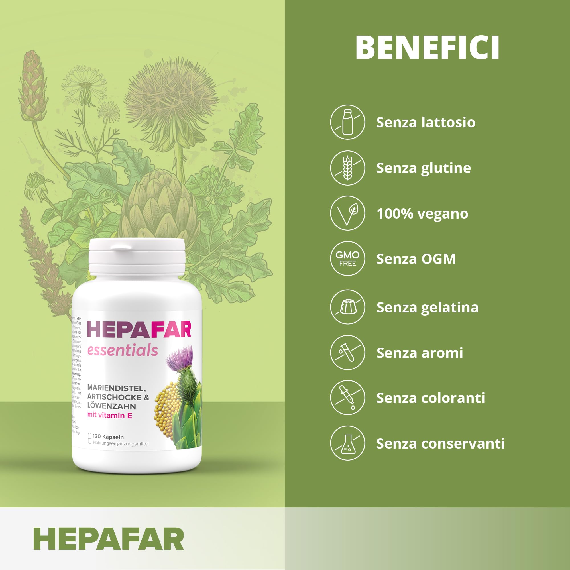 Cardo Mariano Tarassaco e Carciofo – Vitamina E – Detox – 80% di Silimarina – Depura Fegato – 120 capsule vegane ad alto dosaggio per 120 giorni – Sensilab Essential Hepafar