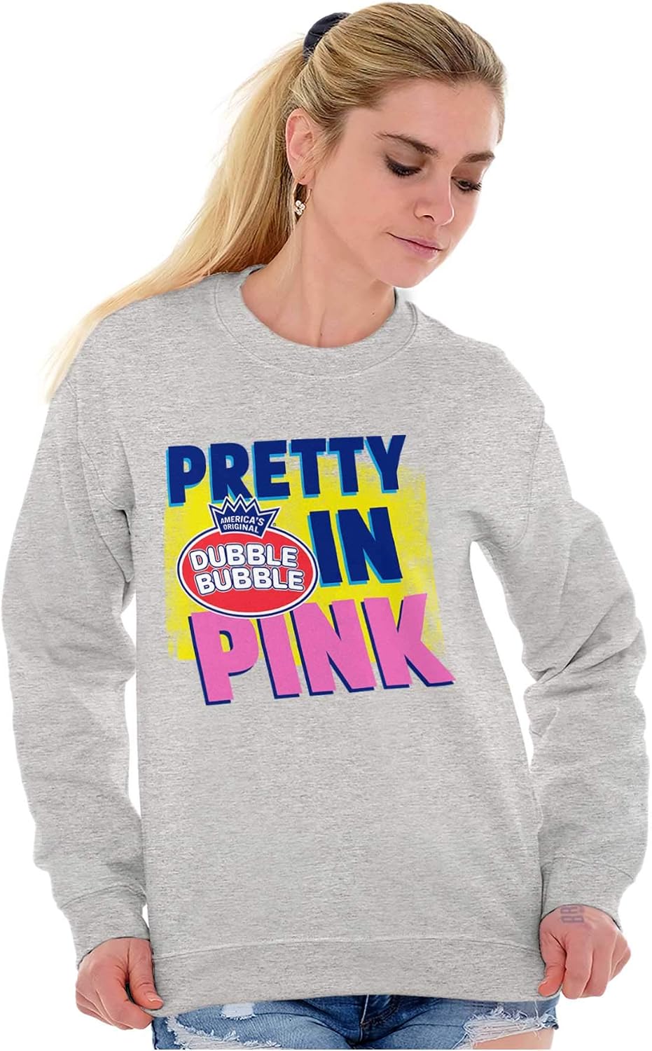 Brisco Brands Pretty In Pink Dubble Bubble Logo Women Crewneck Sweatshirt
