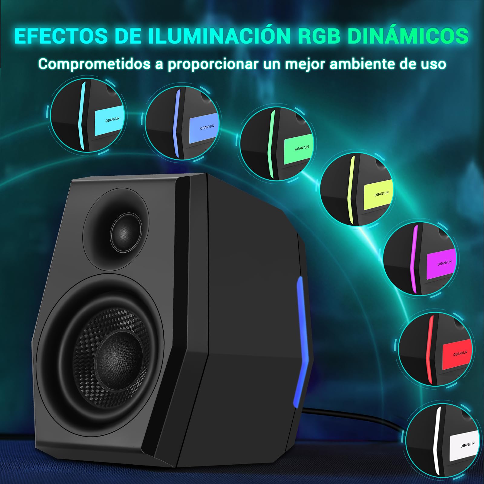 Sanyun SW209 Altavoces Gaming 2.0 36 W, Audio Táctico 3 Modos DSP | Gaming/Cine/Música, DAC 24 bits, USB-C/Bluetooth 5.2/AUX, Driver Fibra Vidrio 7cm + Cúpula Seda 18mm, RGB (Pareja, Negro)