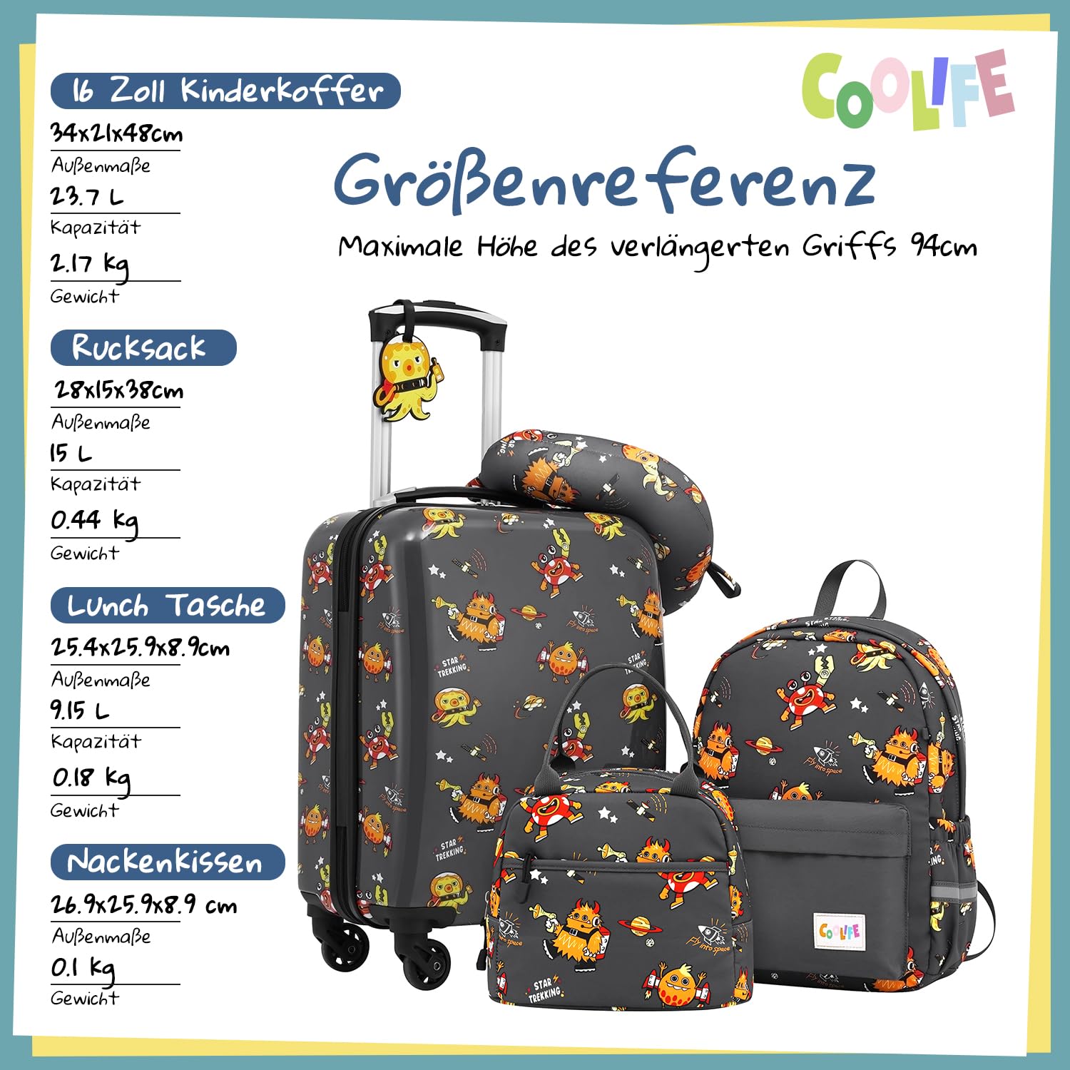 COOLIFE 5tlg Kinderkoffer mit Rucksack, Kindertrolley aus Kunststoff, Kindergepäck, Kinder Kofferset Handgepäck Reisegepäck Hartschalenkoffer für Jungen und Mädchen (Monster, Koffer-Set 5-TLG)