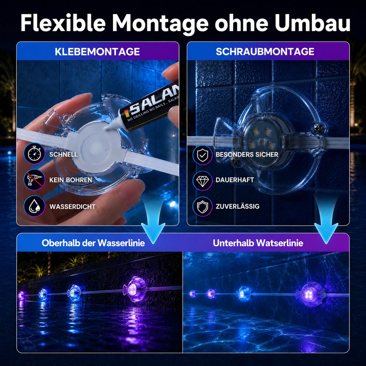 8-in-1 Poolbeleuchtungssystem 15m, 24V IP68 wasserdicht Poollicht ohne Umbau, RGB+IC Dynamische Pool LED, Vollflächige Pool Beleuchtung mit App & Fernbedienung für Einbau- und Aufstellpools