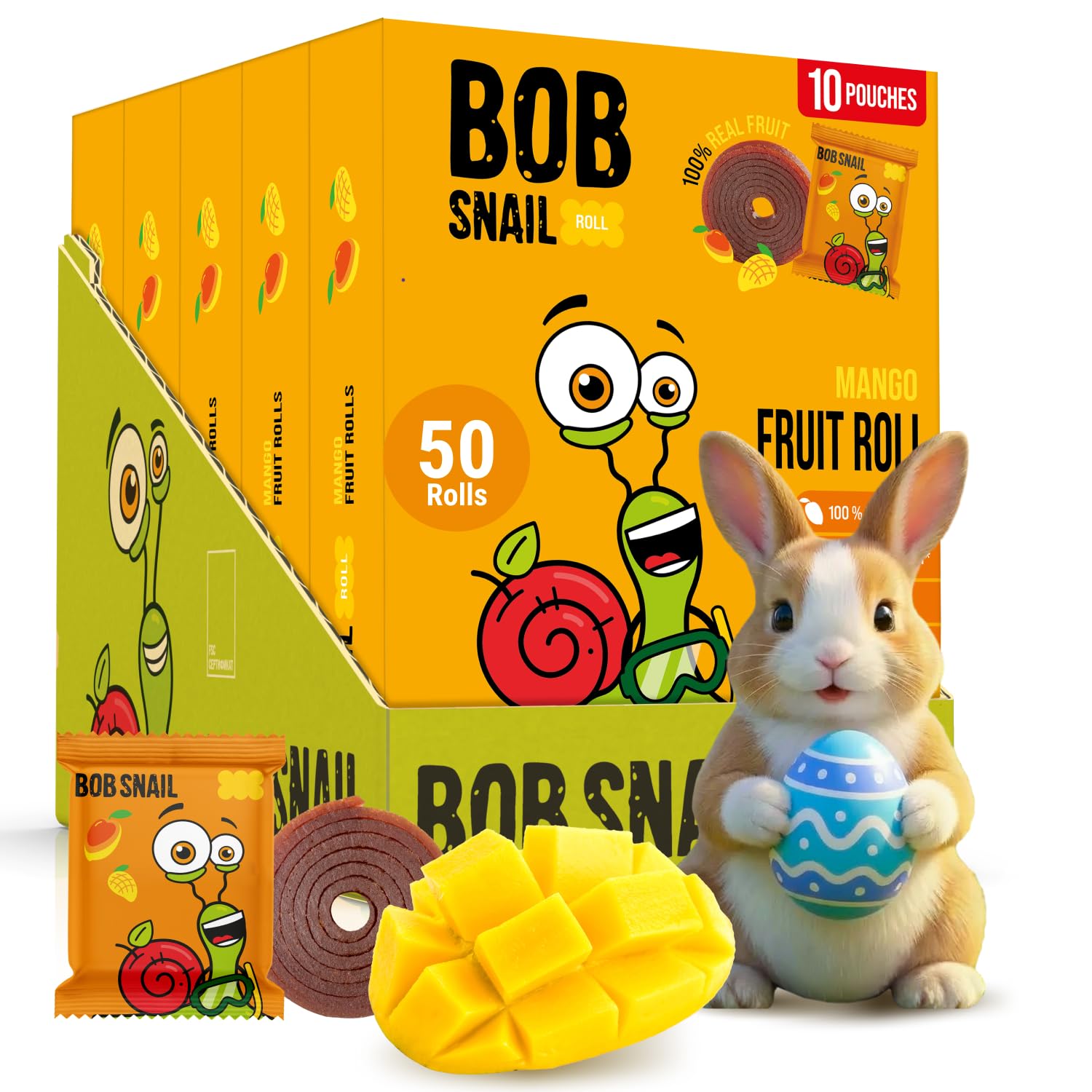 Bob Snail Fruit Roll Ups – Healthy Sweets Snacks, Real Dried Fruits, No Added Sugar, Vegan, Nut Free, Candy for Adults, Kids, with – Bulk 50 pcs Rolls, 500g (Mango)