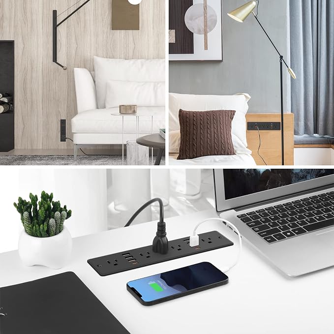 Regleta de alimentación empotrable HHSOET 13 en 1 con enchufe plano, USB, negro, cable de 6 pies | Toma de corriente para muebles con protección contra sobretensiones, 5 tomas CA y 6 puertos USB-A + 2 USB-C miniatura 7