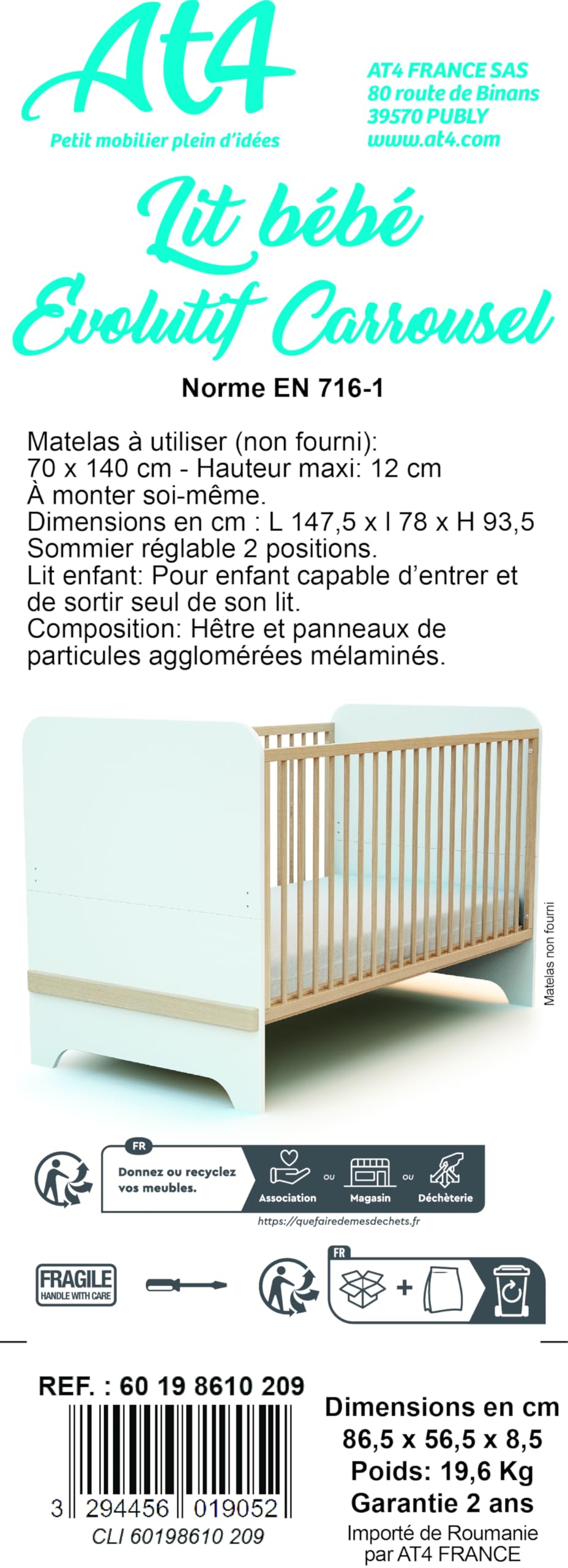 AT4 - Lit bébé évolutif en bois 70 x 140 cm CARROUSEL Blanc et Hêtre Verni
