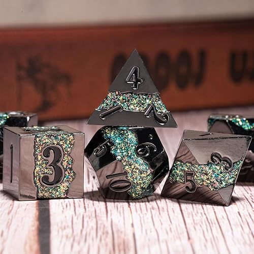 Miniatura 4 de Juego de dados de metal con purpurina negra, juego de dados DND de rayas poliédricas con caja de regalo, juego de 7 piezas de RPG Solid Dungeons and