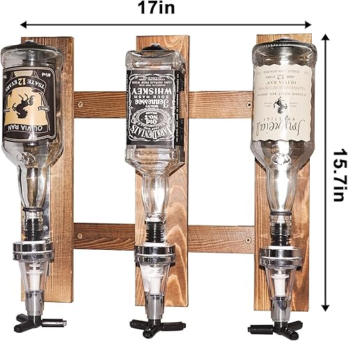 Miniatura 4 de Dispensador de licor montado en la pared de 3 botellas, estante de pared de madera para bar en casa, dispensador de bebidas de vidrio para fiestas