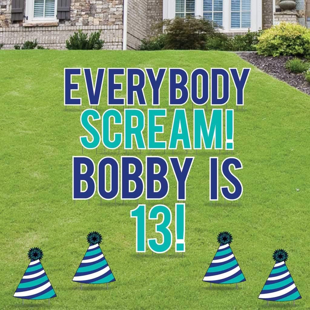 Custom 13th Birthday Yard Decoration - Everybody scream (Custom Name) Is 13 Letters Lawn Display, Includes Stakes (Blue)