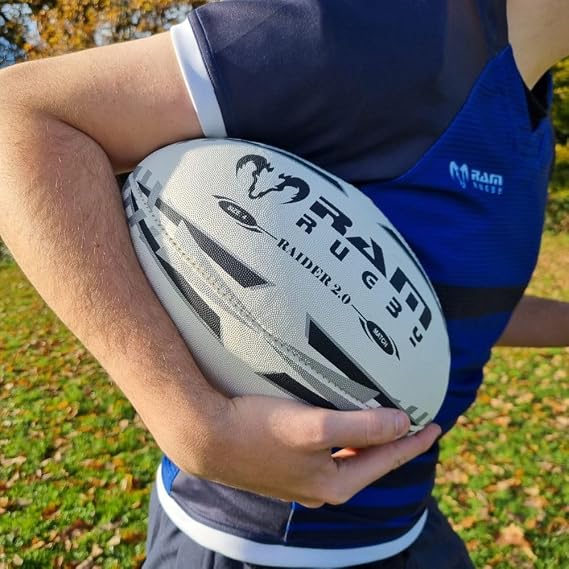 Ram Rugby Ball - Raider 2.0 Match Rugby Ball - 4 Ply Construction - 3D Grip & Valve in seam for all year round superior handling & passing control - Available in Sizes 5, 4 & 3