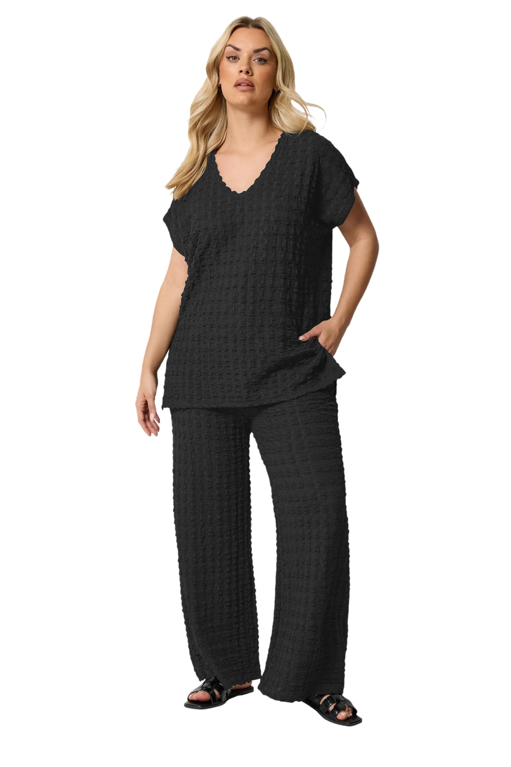 Yours Women's Black Curve Set Bubble Textured Top & Trousers - Plus Size Curve
