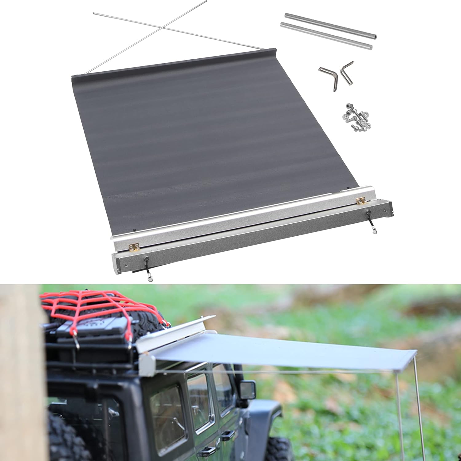 8.6" x8.6" RC Car Simulation Side Car Roof Top Tent Rain Canopy Sunshade Decoration Accessory Compatible with Traxxas TRX4 Axial SCX10 Tamiya Arrma D90 1/10 RC Crawler (Black)