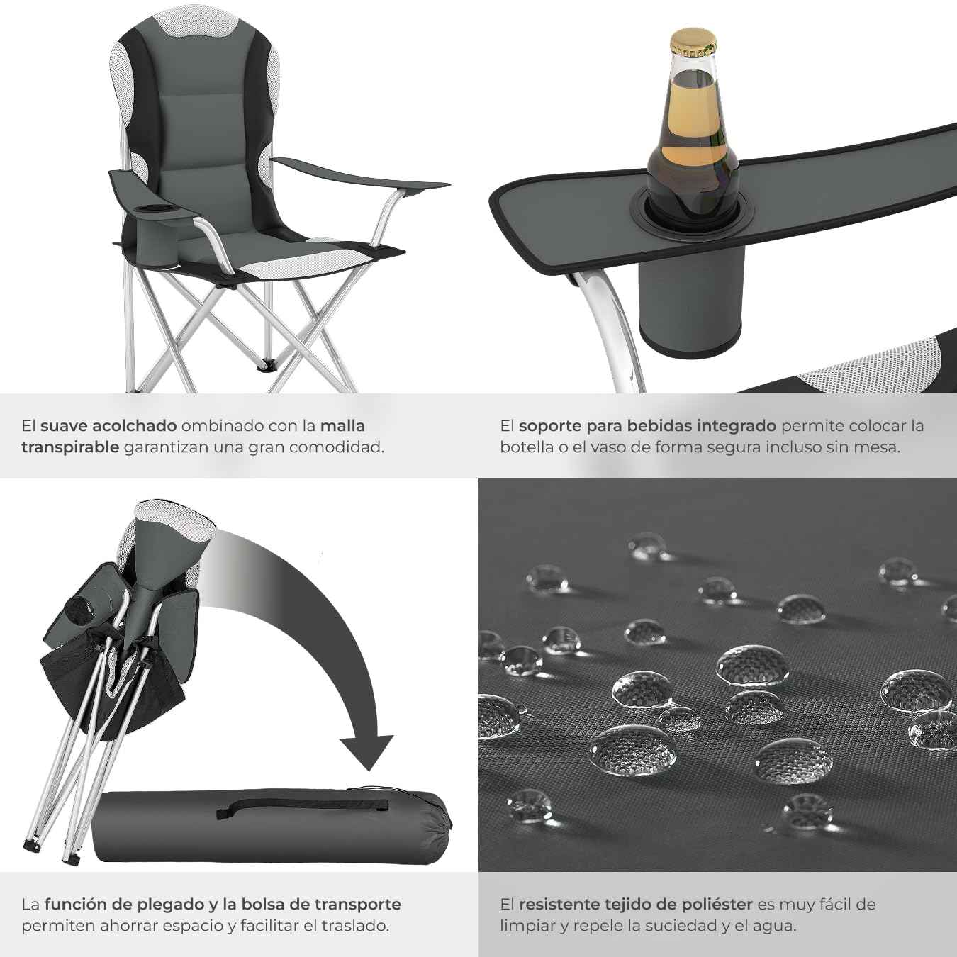 tectake® Silla de Camping Plegable, Confort Acolchado, Soporte para Bebidas, Bolsa de Transporte, Silla Playa, Sillas Plegables, Sillas Exterior Terraza, Silla Relax - 2X Gris