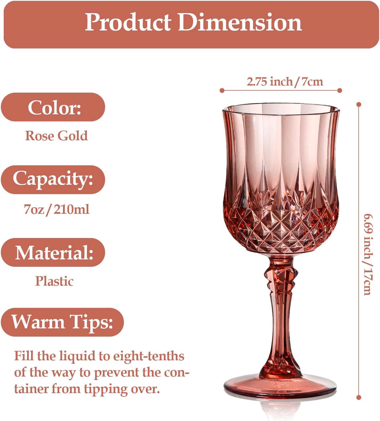 XUWAIDSGN 7oz Plastic Vintage Rose Gold Drinking Glasses Pink Wine Glasses Unbreakable Wedding Glassware Crystal Water Goblets Reusable Drinkware Vintage Champagne Flutes (16, Rose Gold) - Image 2