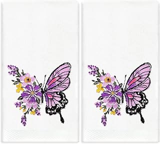JarThenaAMCS Floral Butterfly Hand Towel 2 Pack Spring Butterfly Bathroom Dish Towel Lavender Purple White Cotton Embroidered Towels for Summer Hand Drying Cleaning Cooking Decor, 29.5 x 13.7 Inch