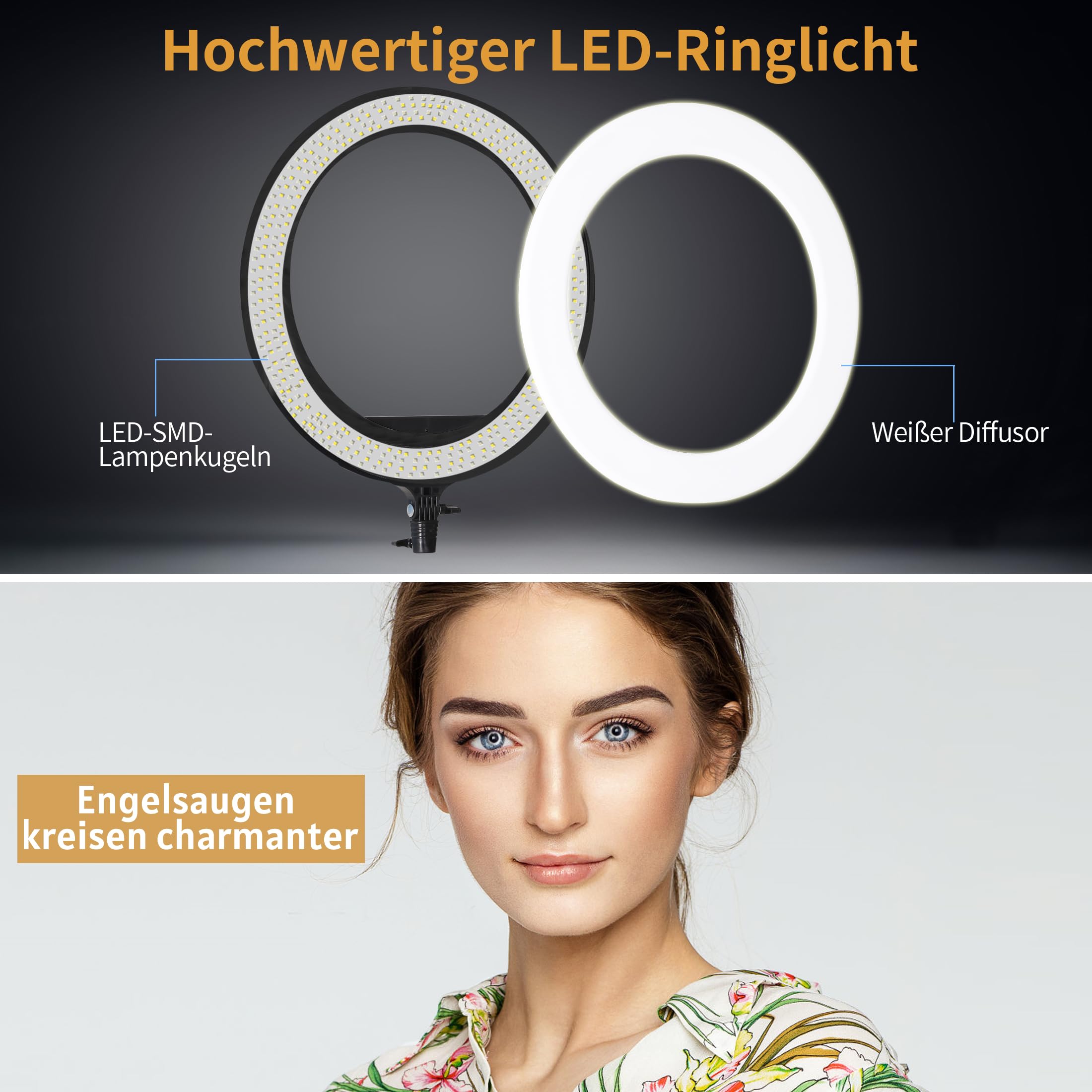 18 Zoll LED Ringlicht mit Stativ, 38 W 3200-5600K Dimmbare, für Beauty-Fotografie, YouTube TikTok, Make-up, Selfie, Porträt, Tattoo, Augenbrauen