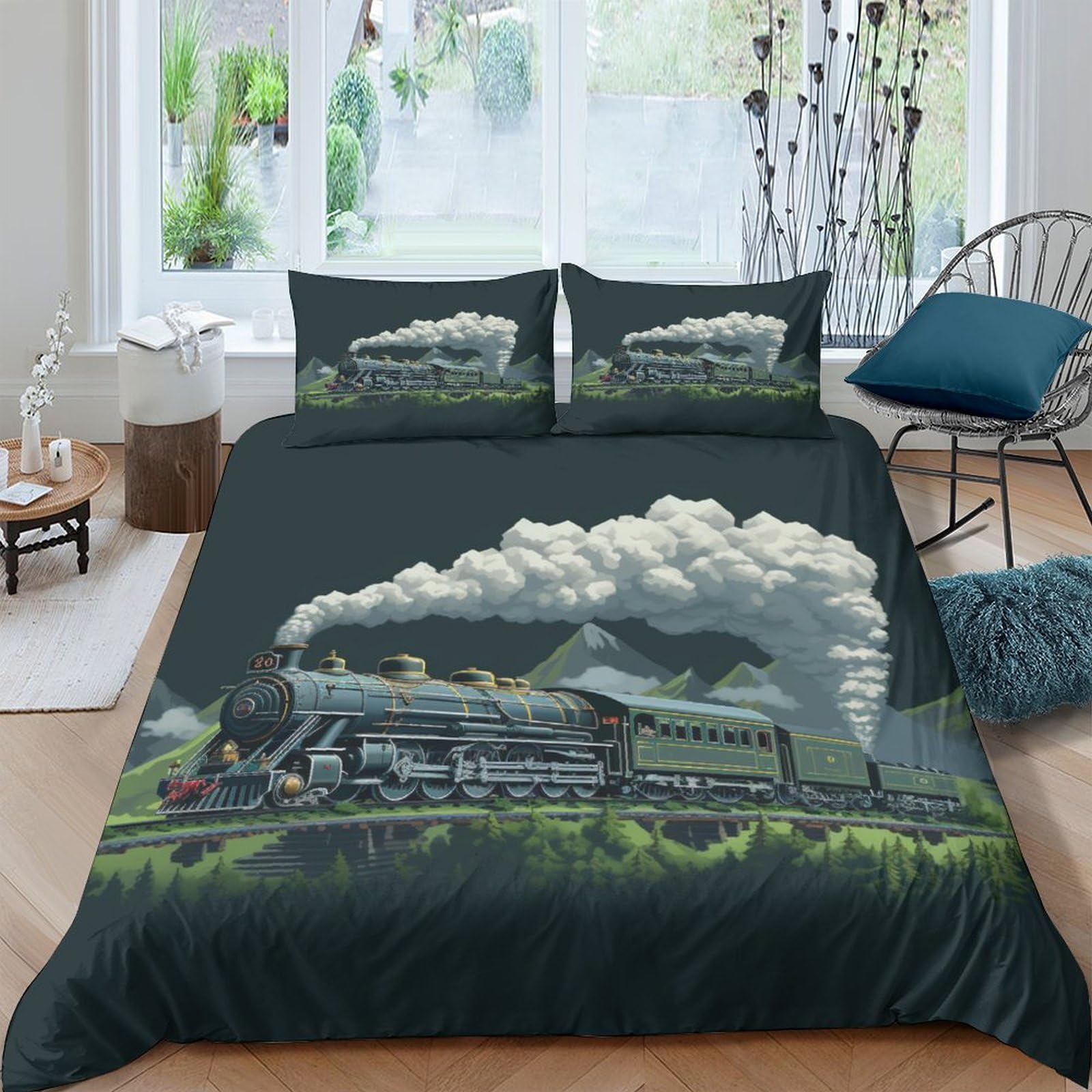 Parure de lit motif train à vapeur 3D avec housse de couette 200x200 cm