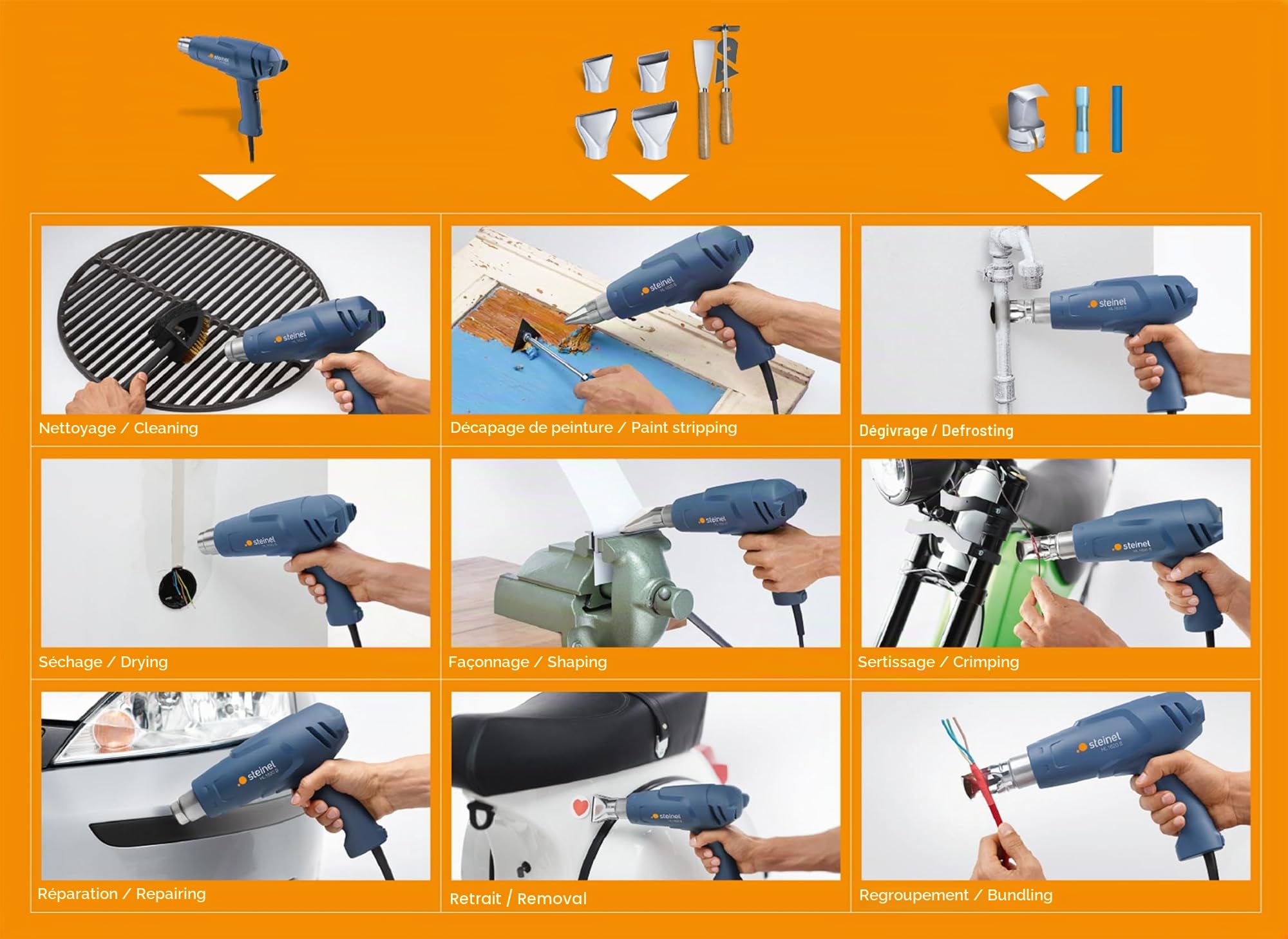 Steinel Pistolet à air chaud HL 1620 S, 1600 W, 300°C/ 500°C | décapeur thermique filaire pour sécher, rétrécir, décongeler, cirer, fusible thermique intégré