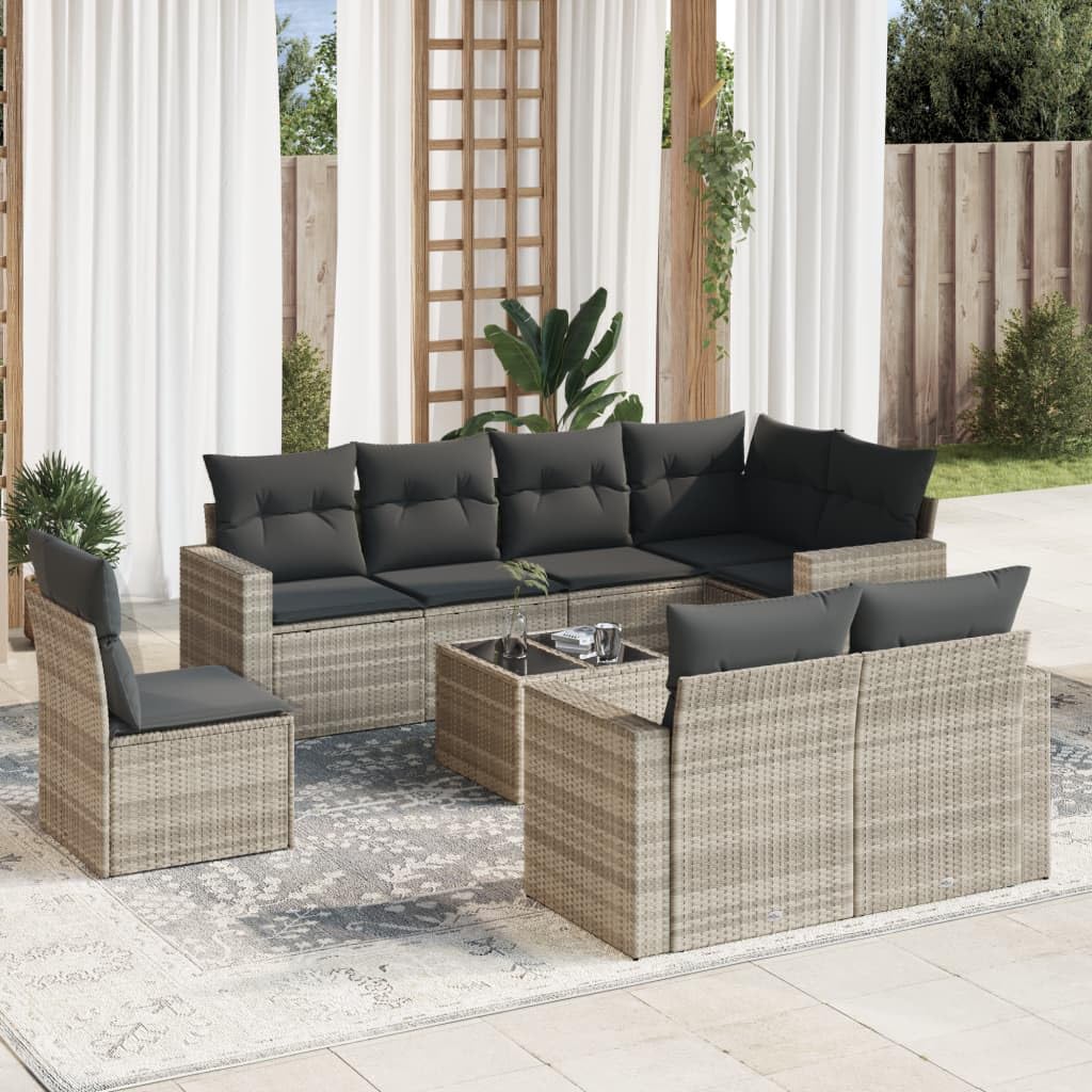 Juego de 9 sofás de jardín con cojines gris claro de poliratán, diseño modular con espacio de almacenamiento y fundas extraíbles, cómodo salón con mesa de cristal para terraza