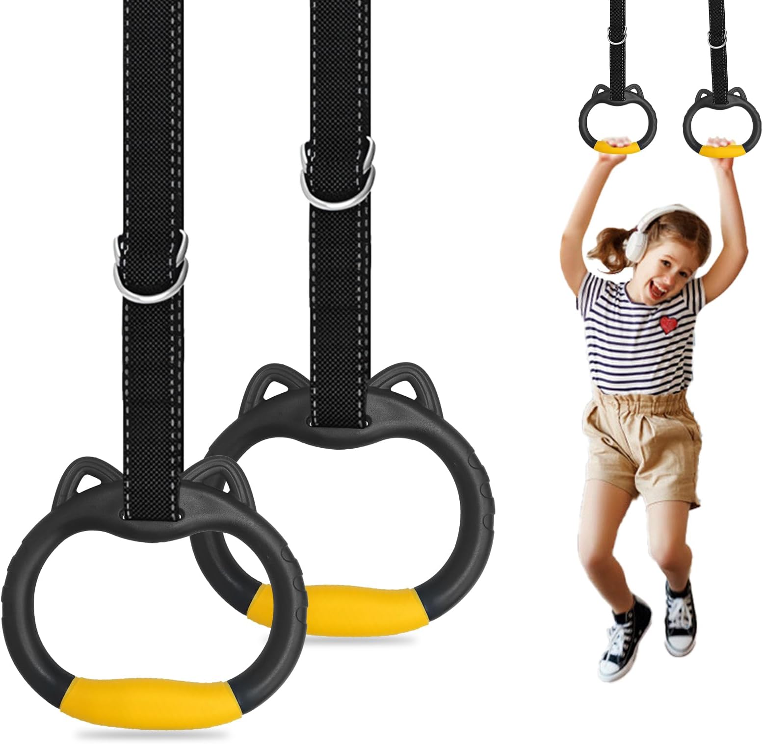 TecoKart® Kids Gymnastic Rings, 1 Pair of Gymnastic Rings for Home, Adjustable Nylon Webbing Straps Kids Gymnastics Rings Max Load Bearing 360LB Without Bar Kids Gymnastics Equipment for Exercise