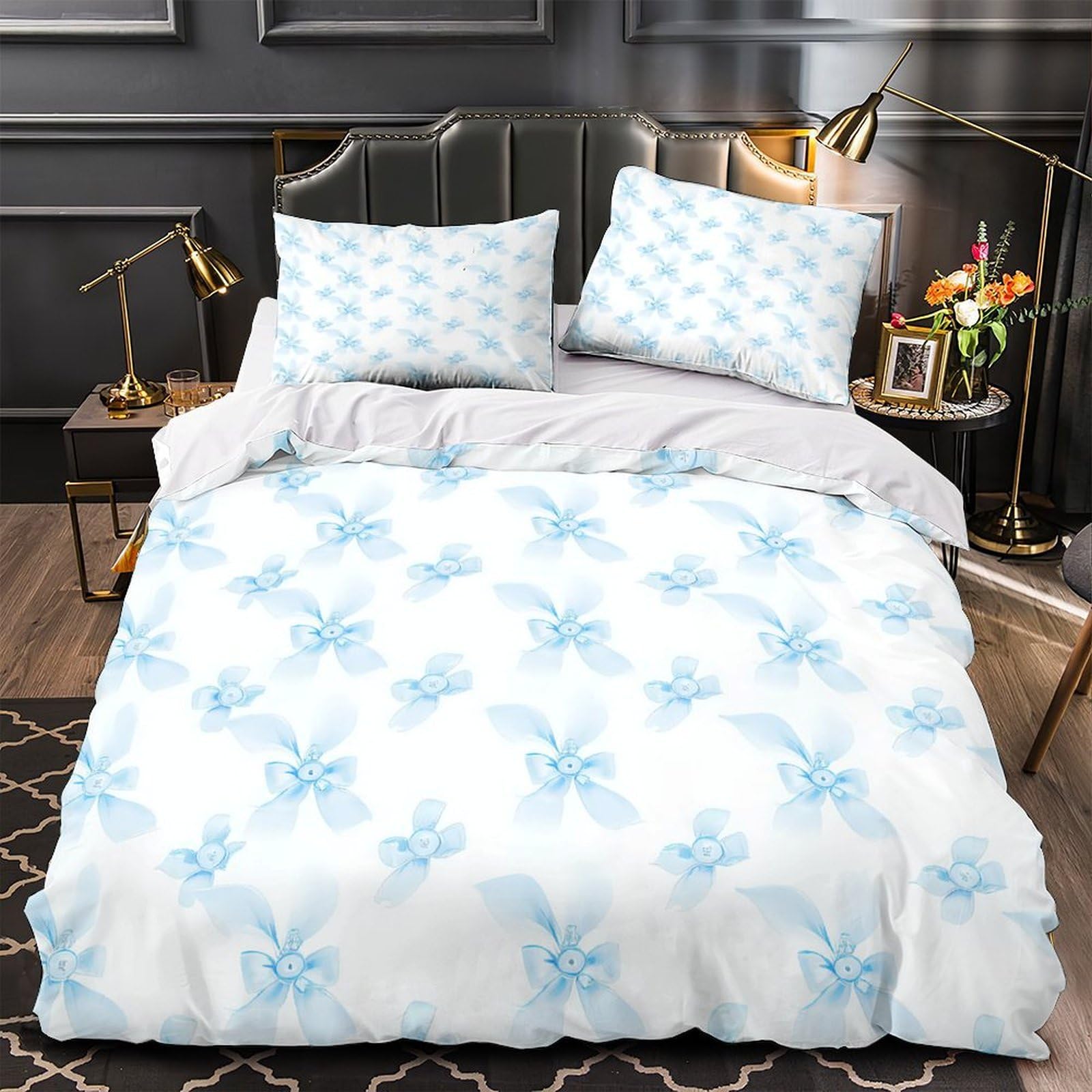 Parure de lit fleurs bleu clair 140x200cm avec housse de couette en microfibre pour lit simple