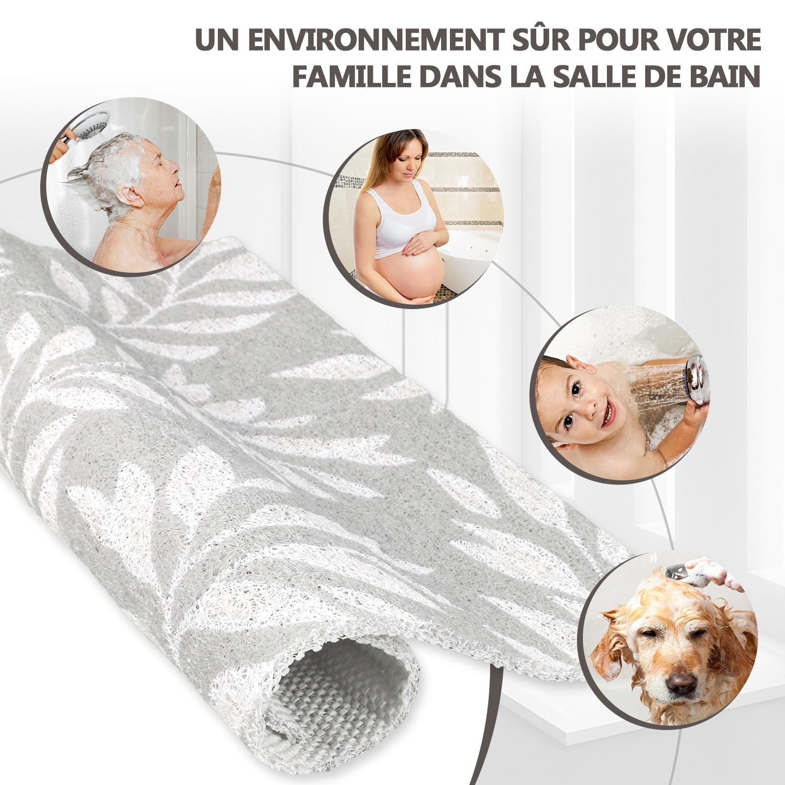 Tapis de douche antidérapant 80 x 80 cm, en PVC, uffa avec trous de drainage, doux, confortable, sécurité, séchage rapide, feuilles grises, 80 x 80 cm (carré)