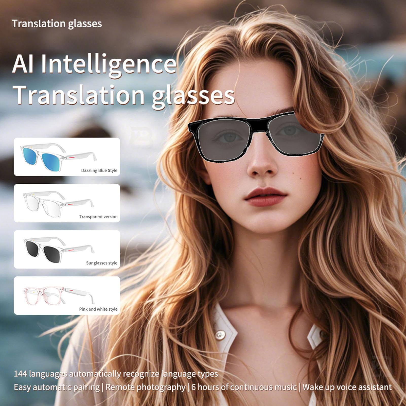 LICAEVEY Ai Translation Smart Glasses, Bluetooth Glasses with 144 Language & Accents, IP65 Water Proof Blue Light Filtering Lenses, Touch Control, for Travel Meeting Business (Black Frame)