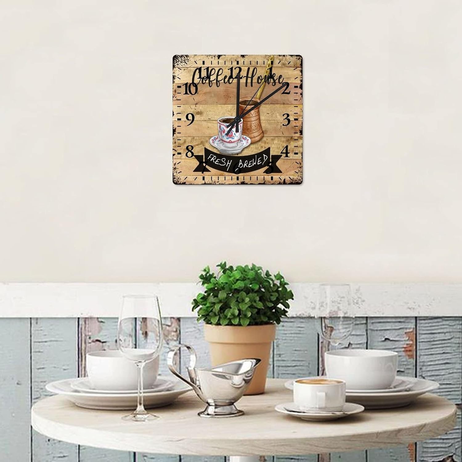Wooden Clocks Coffee House Indoor Wall Clocks Battery Operated Silent Arabic Numbers Vintage Coffee Square Clock for Dining Room Decor 10 Inch