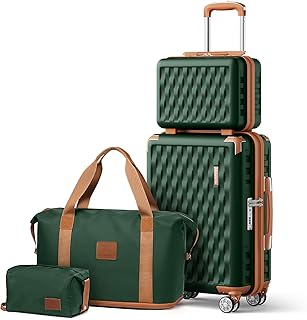 Luggage Set 4 Piece Carry On, Hardside Suitcase with TSA Lock and Spinner Wheels, Carry-On Ailline Approved, Green Brown