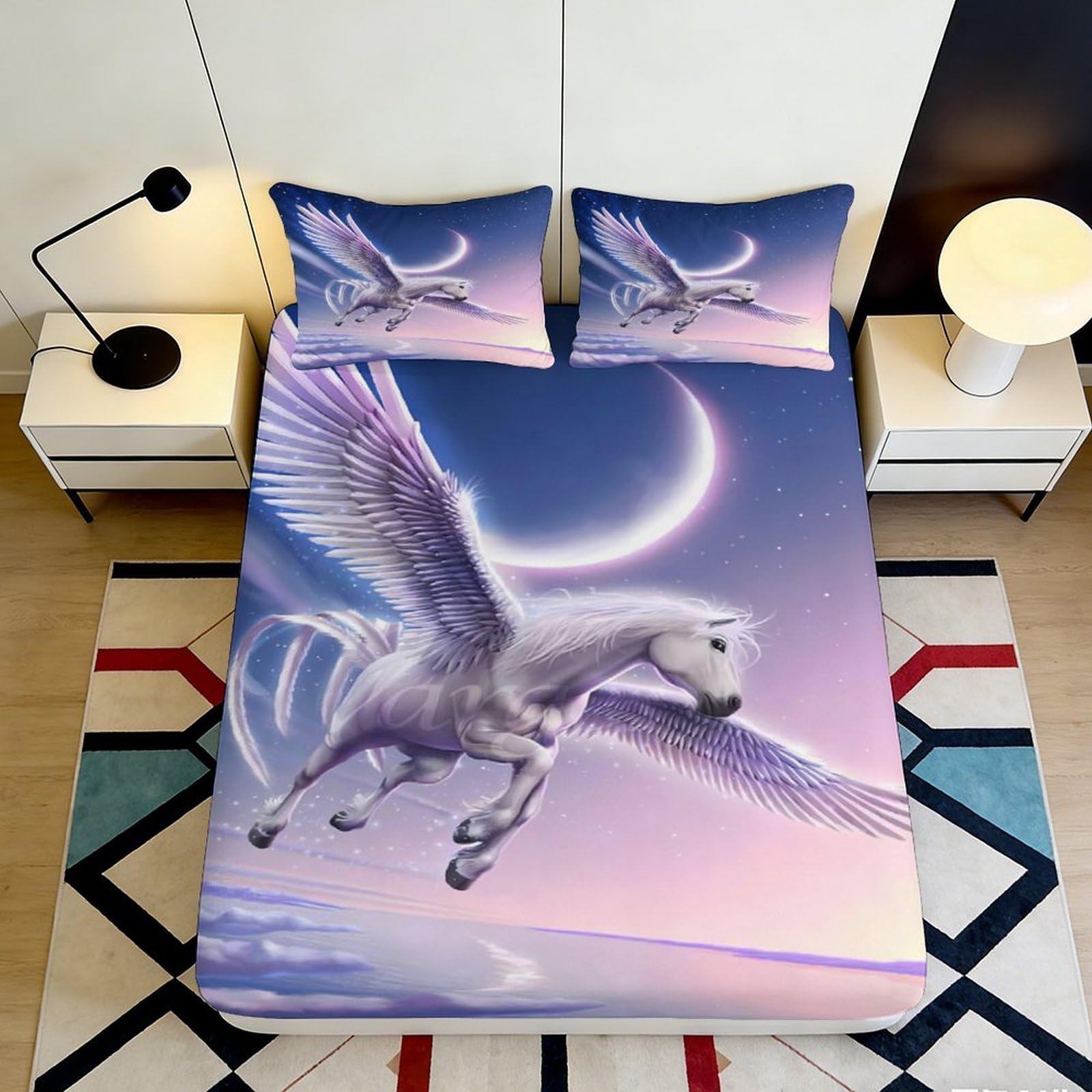 3D Printed Moonlight Pegasus Fitted Sheet Microfiber Soft Purple Blue Sky Bed Cover for Bedroom Decor Dorm Mattress Protection 90x200x25cm