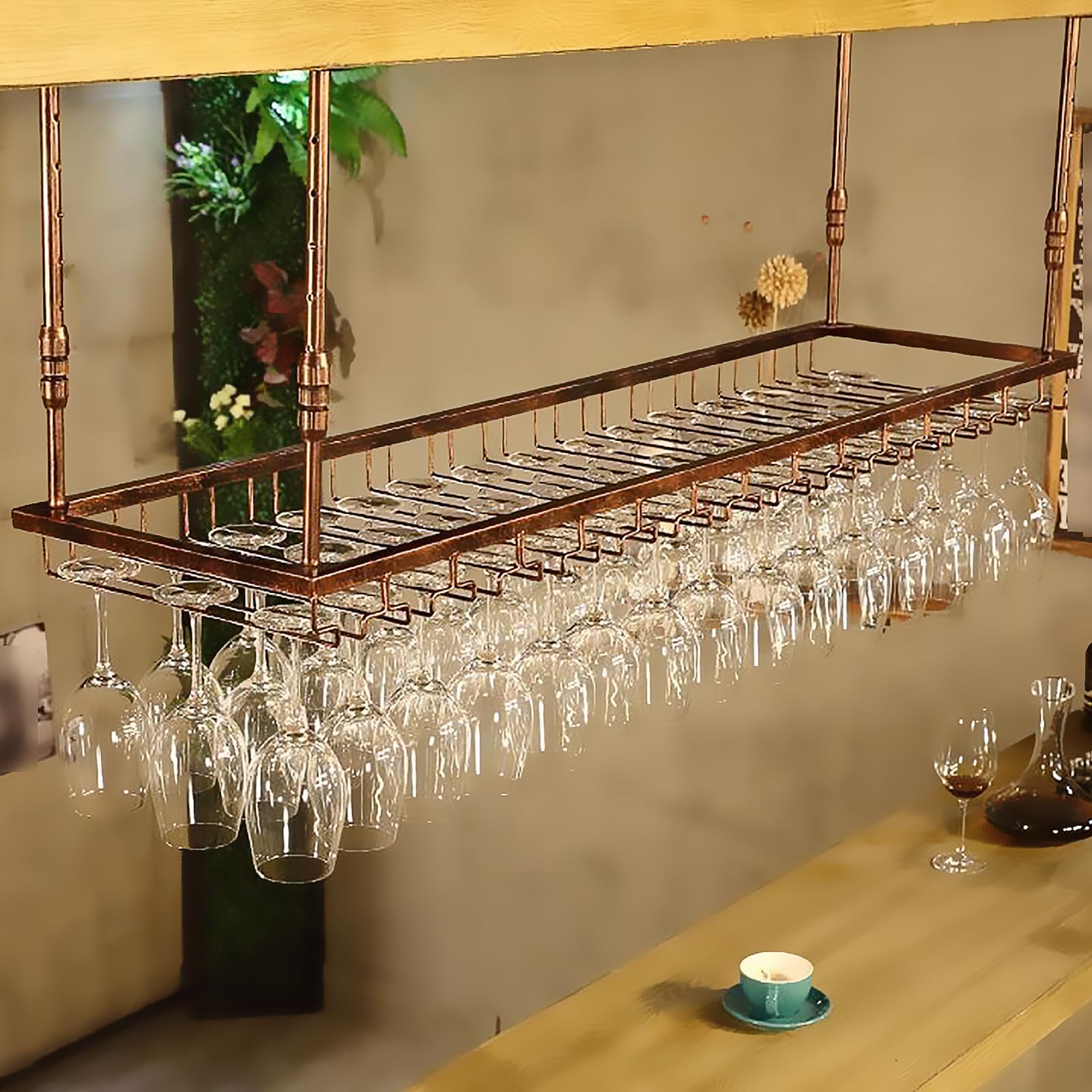 Dernoing Soporte para Copa de Vino Colgante de Metal, Altura Ajustable Colgador de Copas de Techo para Bar, Colgador Copas con Invertido Tallo para Barra Bar/Club (BN, 60x35cm)