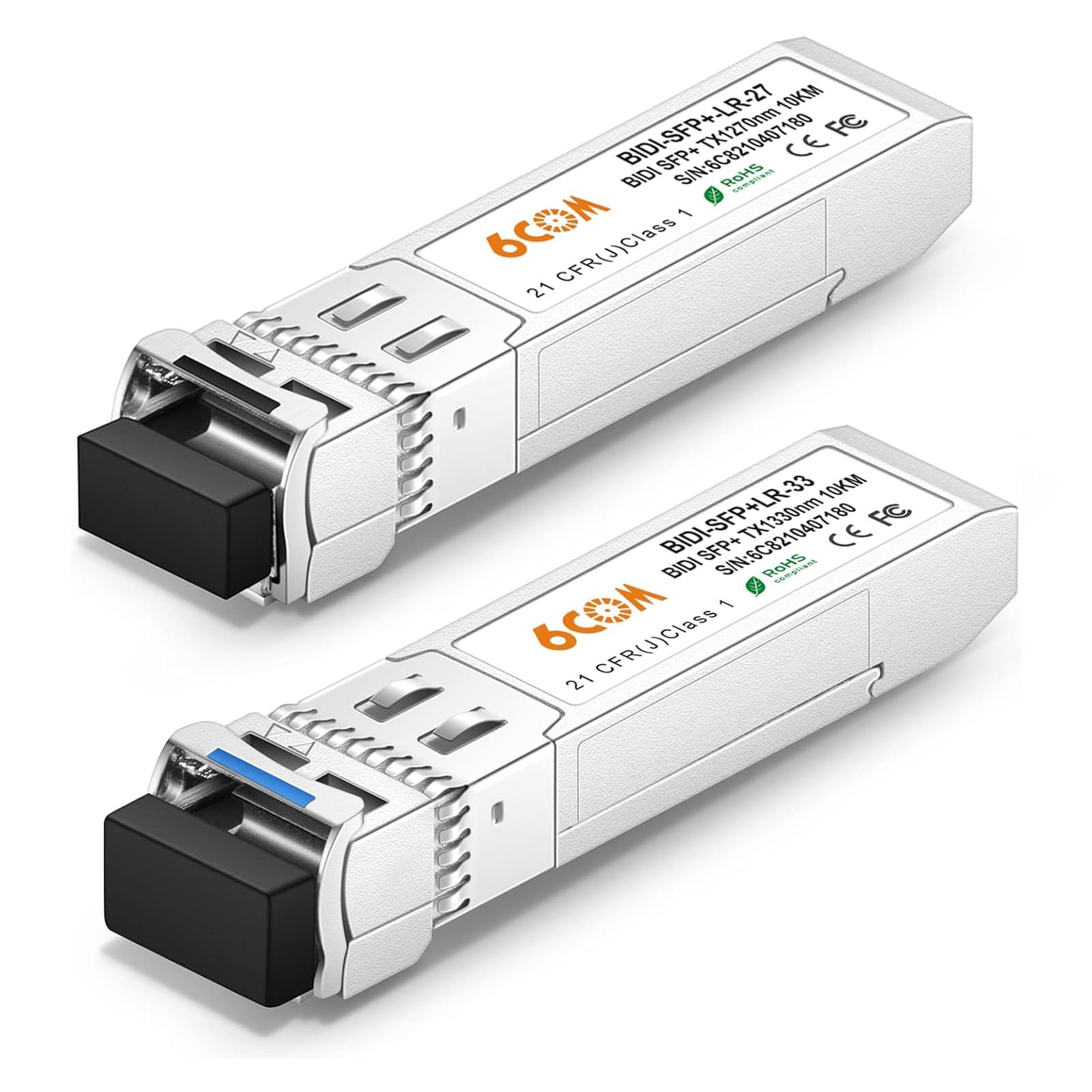 Une Paire d'émetteurs-récepteurs SFP+ Bidi 10 G, 10 GBase-BIDI 1270 nm/1330 nm SMF, jusqu'à 10 km, Compatible avec Cisco, Ubiquiti, D-Link, Supermicro et Autres commutateurs Ouverts
