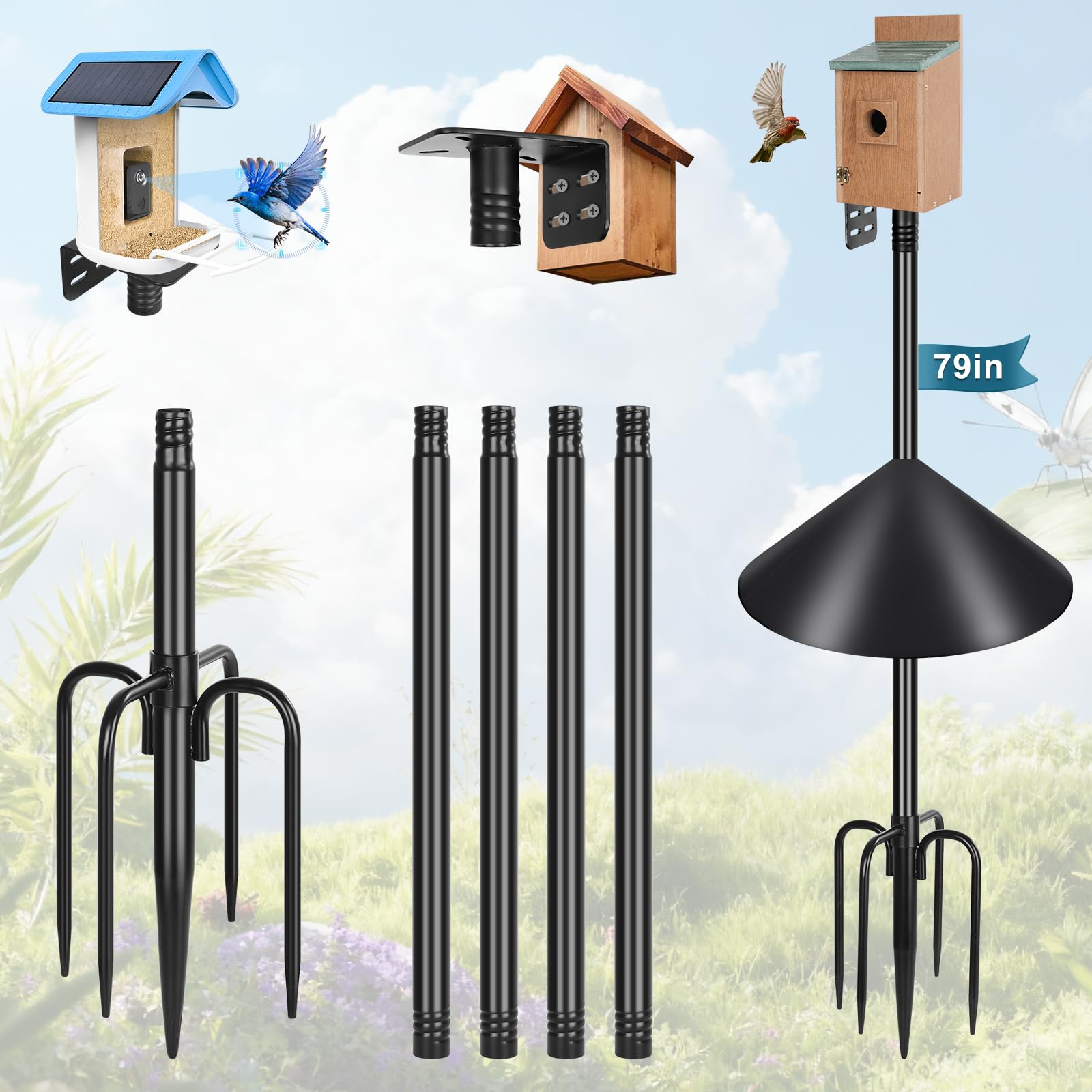 Gtongoko Smart Bird Feeder Pole Squirrel Proof 1-Inch Dia 79 Inch Bluebird House Pole