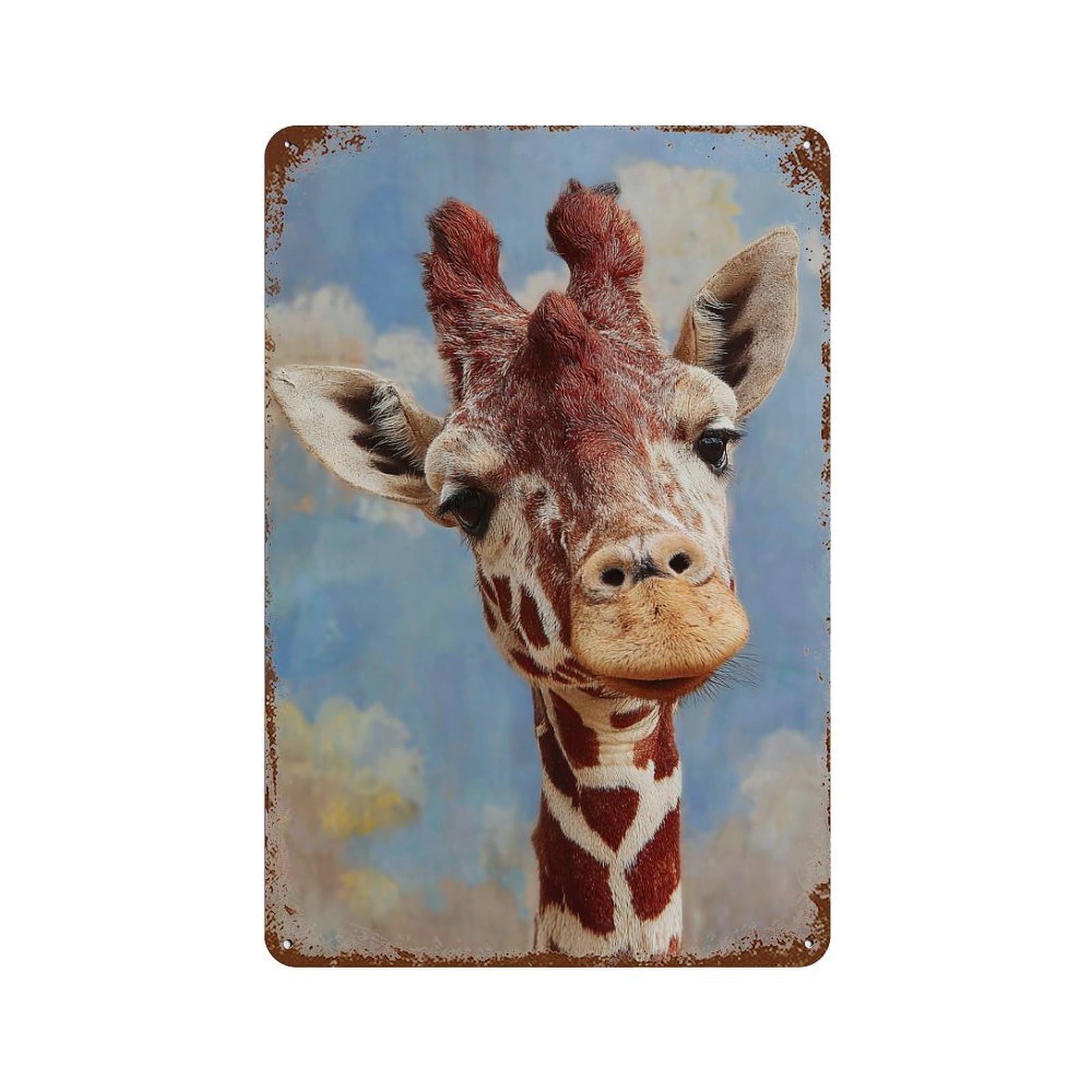 Weathered Tin Sign with Giraffe Wall Art Print Design 11.8"x7.9", for Office, Studio And Wall Decor, Retro Wall Decor