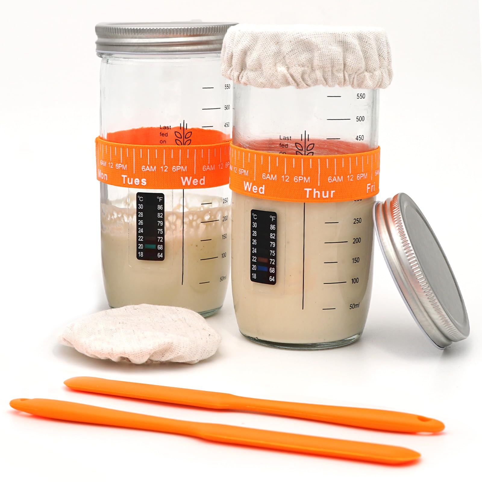 Unihopper Sourdough Starter Jar Kit Pack of 2 with Thermometer, Feeding Date Band, Silicone Scraper, Cloth Cover & Metal Lid, Wide Mouth Dough Starter Jar Use for Home Bakery