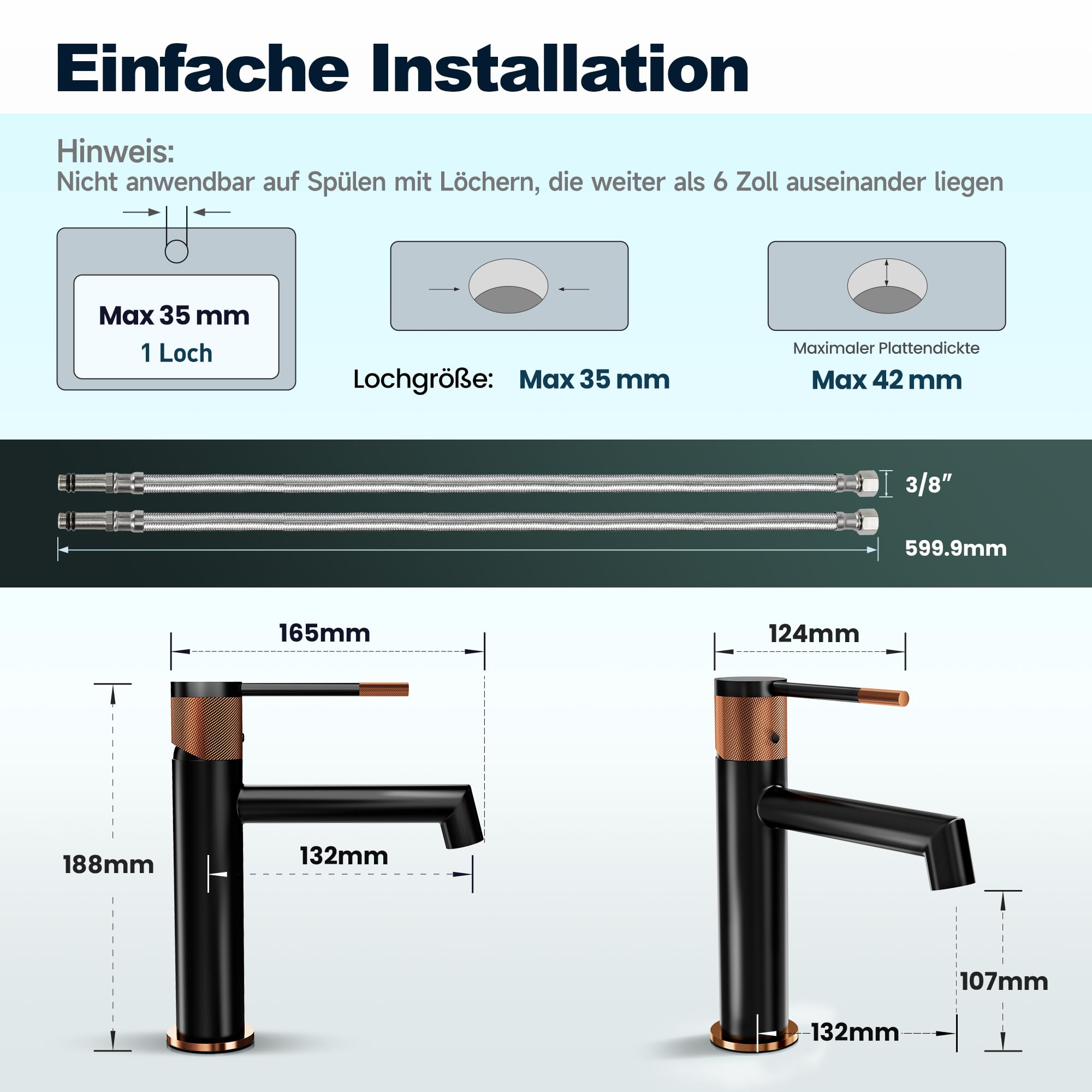 Grifo de lavabo negro para lavabo con carcasa de latón, cartucho de cerámica, monomando para inodoro de invitados con manguera interior EPDM no tóxica
