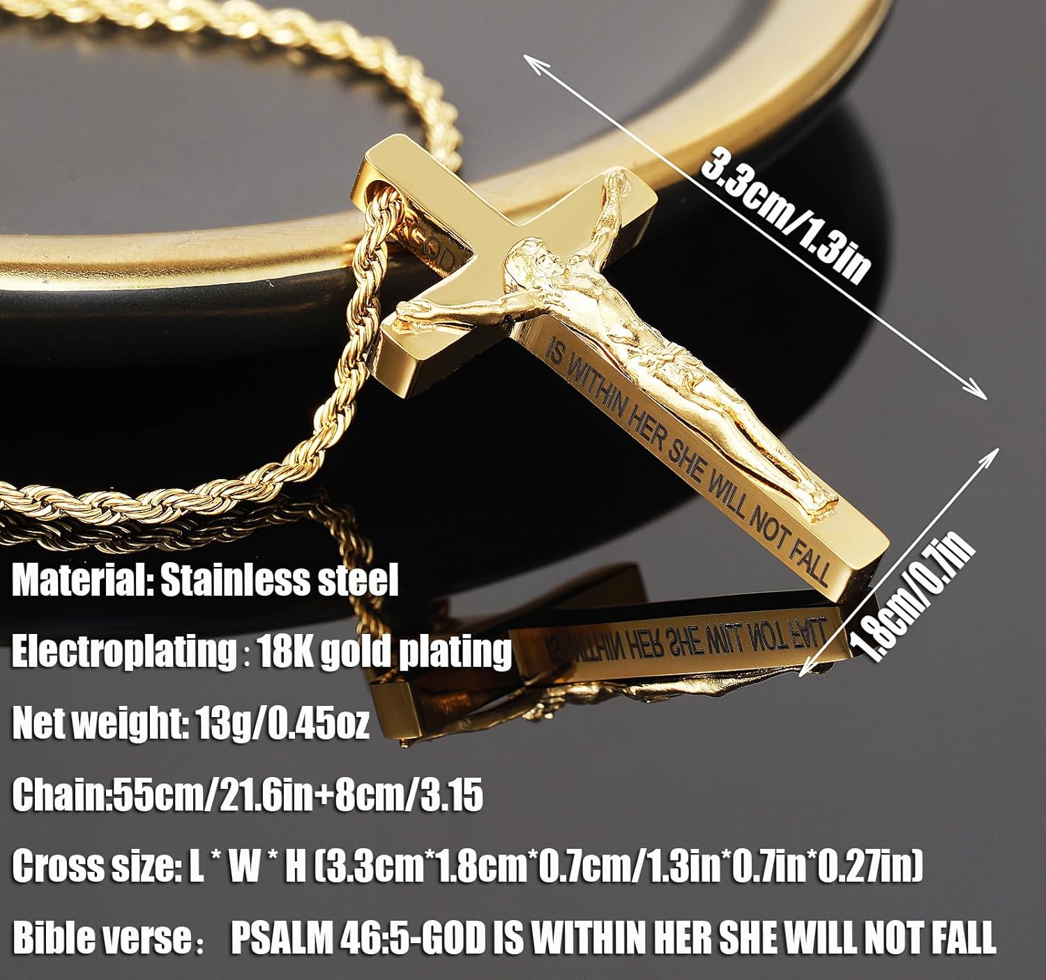 DS Christian Cross Necklace for Men Women-18K Gold Stainless Steel Crucifix Necklaces with Inspirational Bible Verse Religious Gift for Prayer Faith Jesus/God-Catholic Christian Pendant Jewelry - Image 3