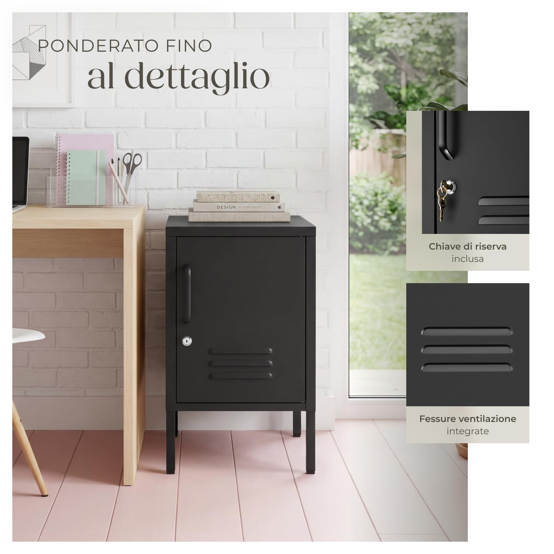 tectake® Comodino Camera da Letto in acciaio, 35x42,5x60,5 cm, mobiletto salvaspazio, ripiano regolabile, anta con chiave, chiusura magnetica, piedini regolabili, Tavolino Laterale da Divano - Nero