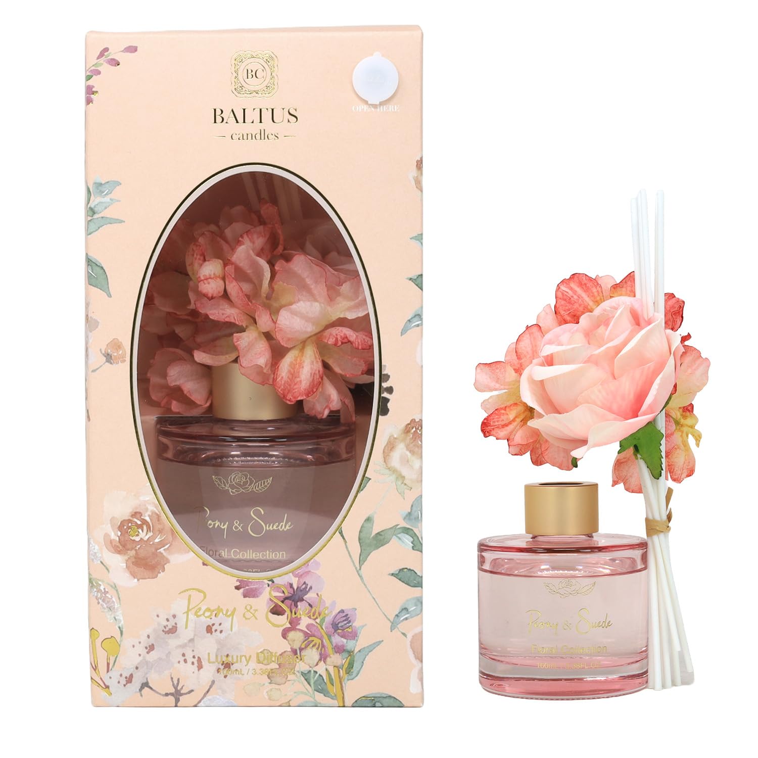 Baltus Reed Diffuser Faux Flower 100ml Luxury Aroma Peony & Suede Air Freshener